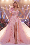Pink Mermaid One Shoulder Sheer Corset Floral Long Pageant Dress with Slit