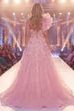 Pink Mermaid One Shoulder Sheer Corset Floral Long Pageant Dress with Slit