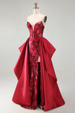 Red Mermaid Sheer Corset Sweetheart Beaded Long Pageant Dress with Sash