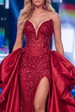 Red Mermaid Sheer Corset Sweetheart Beaded Long Pageant Dress with Sash