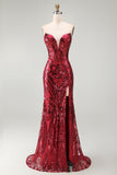 Red Mermaid Sheer Corset Sweetheart Beaded Long Pageant Dress with Sash