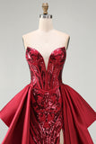 Red Mermaid Sheer Corset Sweetheart Beaded Long Pageant Dress with Sash