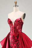 Red Mermaid Sheer Corset Sweetheart Beaded Long Pageant Dress with Sash