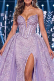 Lilac Sweetheart Corset Baeded Slit Long Pageant Dress with Sash