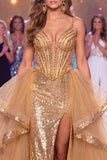 Sparkly Golden Sheer Corset Mermaid Sequins Long Pageant Dress with Slit