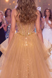 Sparkly Golden Sheer Corset Mermaid Sequins Long Pageant Dress with Slit