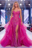 Sparkly Fuchsia Sweetheart Sheer Corset Mermaid Sequins Long Pageant Dress with Sash