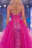 Sparkly Fuchsia Sweetheart Sheer Corset Mermaid Sequins Long Pageant Dress with Sash
