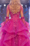 Sparkly Fuchsia Cold Shoulder Sheer Corset Mermaid Long Pageant Dress with Sash