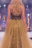 Sparkly Black Golden Mermaid Sweetheart Sequins Long Pageant Dress with Sash