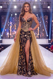 Sparkly Black Golden Mermaid Sequins Sweetheart Corset Long Pageant Dress with Sash