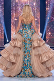 Sparkly Blue Mermaid Sequins Strapless Long Pageant Dress with Sash