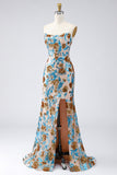 Sparkly Blue Mermaid Sequins Strapless Long Pageant Dress with Sash