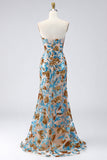 Sparkly Blue Mermaid Sequins Strapless Long Pageant Dress with Sash