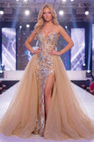 Sparkly Champagne Mermaid Sweetheart Sheer Corset Long Pageant Dress with Sash
