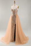 Sparkly Champagne Mermaid Sweetheart Sheer Corset Long Pageant Dress with Sash