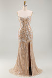 Sparkly Champagne Mermaid Sweetheart Sheer Corset Long Pageant Dress with Sash