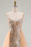 Sparkly Champagne Mermaid Sweetheart Sheer Corset Long Pageant Dress with Sash