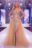 Sparkly Champagne Mermaid Sweetheart Sheer Corset Long Pageant Dress with Sash