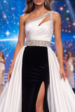 Black White Mermaid One Shoulder Ruched Beaded Long Pageant Dress with Sash