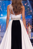 Black White Mermaid One Shoulder Ruched Beaded Long Pageant Dress with Sash