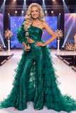 Sparkly Dark Green One Shoulder Sequins Pageant Dress with Sash