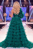 Sparkly Dark Green One Shoulder Sequins Pageant Dress with Sash
