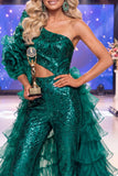 Sparkly Dark Green One Shoulder Sequins Pageant Dress with Sash