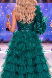 Sparkly Dark Green One Shoulder Sequins Pageant Dress with Sash