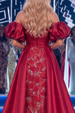 Burgundy Off the Shoulder Mermaid Ruched Beaded Long Pageant Dress with Sash
