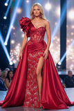 Burgundy One Shoulder Mermaid Sheer Corset Long Pageant Dress with Sash