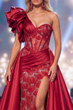 Burgundy One Shoulder Mermaid Sheer Corset Long Pageant Dress with Sash