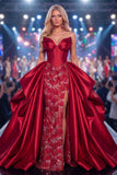 Sweetheart Burgundy Mermaid Corset Beaded Long Pageant Dress with Sash