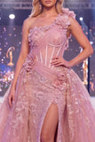 One Shoulder Mermaid Blush Sheer Corset Floral Long Pageant Dress with Sash