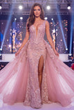 Mermaid Blush V-Neck Sheer Corset Floral Long Pageant Dress with Sash