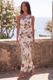 One Shoulder Ivory Mermaid Ruched Maxi Floral Dress