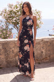 Black Mermaid Chiffon Halter Neck Maxi Floral Dress with Slit