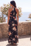 Black Mermaid Chiffon Halter Neck Maxi Floral Dress with Slit