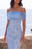 Blue Off the Shoulder Bodycon Appliqued Floral Maxi Dress