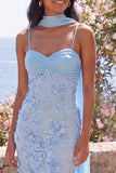 Blue Mermaid Spaghetti Straps Appliqued Midi Floral Dress with Neck Scarf