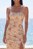 Sparkly Champagne Mermaid Spaghetti Straps Sequins Midi Floral Dress with Slit