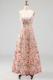 A-Line Pink Strapless Embroidered Midi Floral Dress