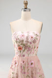 A-Line Pink Strapless Embroidered Midi Floral Dress