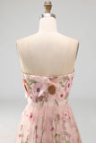 A-Line Pink Strapless Embroidered Midi Floral Dress