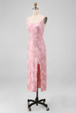Sparkly Pink Bodycon Square Neck Sequins Midi Floral Dress with Slit