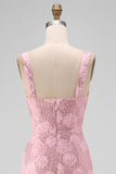 Sparkly Pink Bodycon Square Neck Sequins Midi Floral Dress with Slit