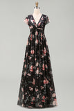 Black Chiffon A-Line V-Neck Ruched Maxi Floral Dress with Cap Sleeves