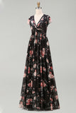 Black Chiffon A-Line V-Neck Ruched Maxi Floral Dress with Cap Sleeves