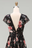 Black Chiffon A-Line V-Neck Ruched Maxi Floral Dress with Cap Sleeves