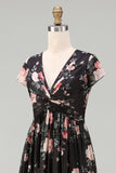 Black Chiffon A-Line V-Neck Ruched Maxi Floral Dress with Cap Sleeves